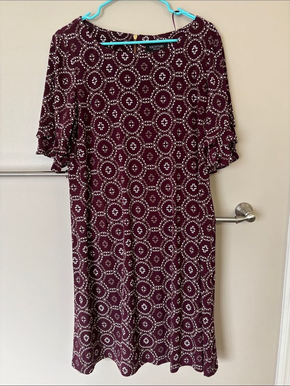 Perceptions Burgundy Geometric Print Ruffle Sleeve Midi Dress